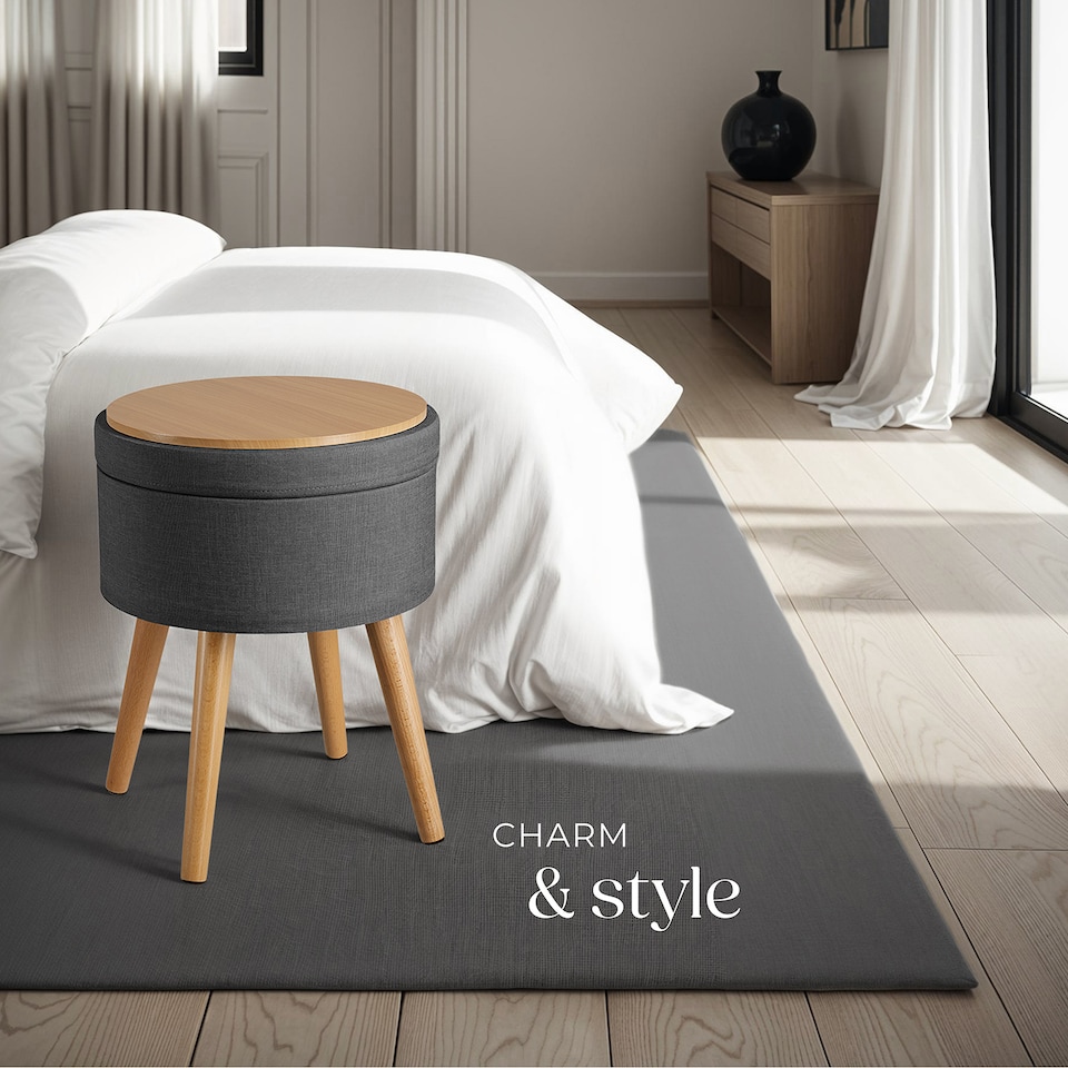 image 1 of Stool Yara - round, padded, with storage space, linen look | Grey | dark grey | 42,50 x 42,50 x 45,50 cm | 1