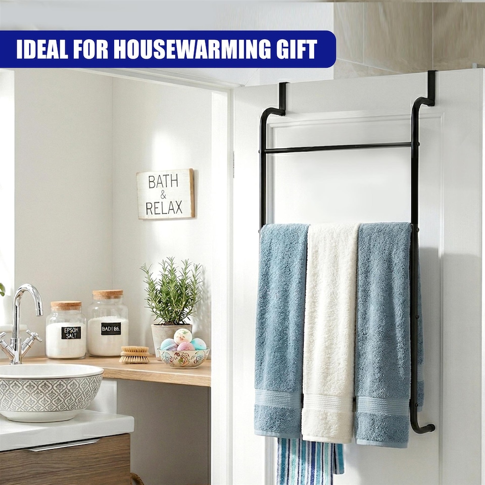 image 1 of GEEZY Over Door Towel Rail with 4 Bars Bathroom Organiser Rack Modern Steel Design