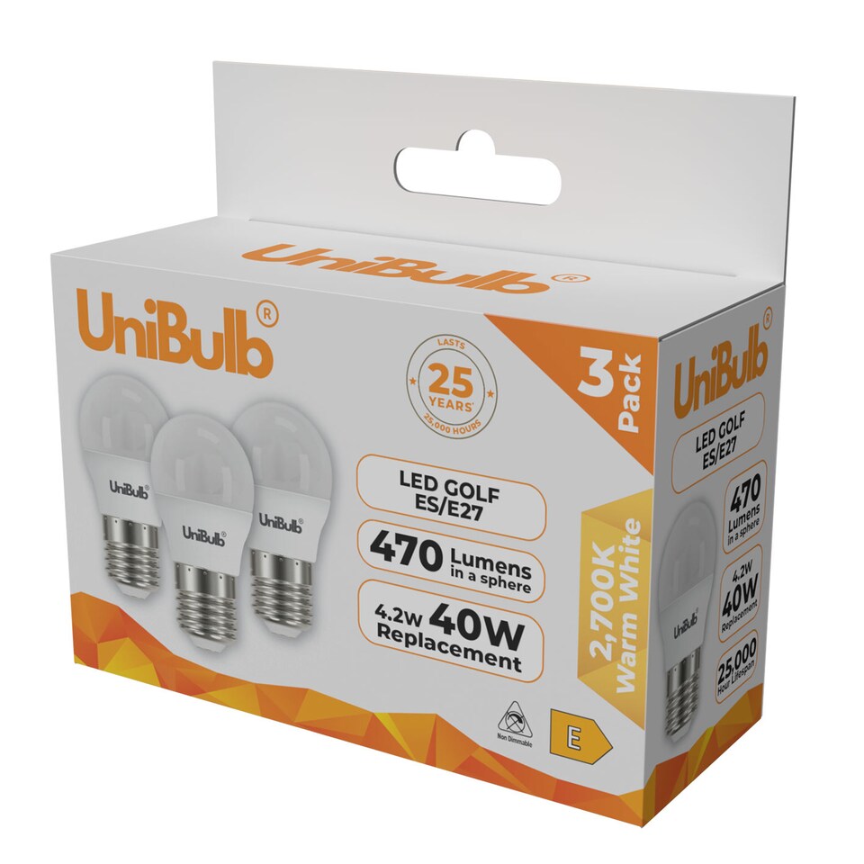 image 1 of UniBulb LED Golf Ball E27 470lm 4.2W 2700K (Warm White) Light Bulb - Pack of 3 | White | Warm White | 3