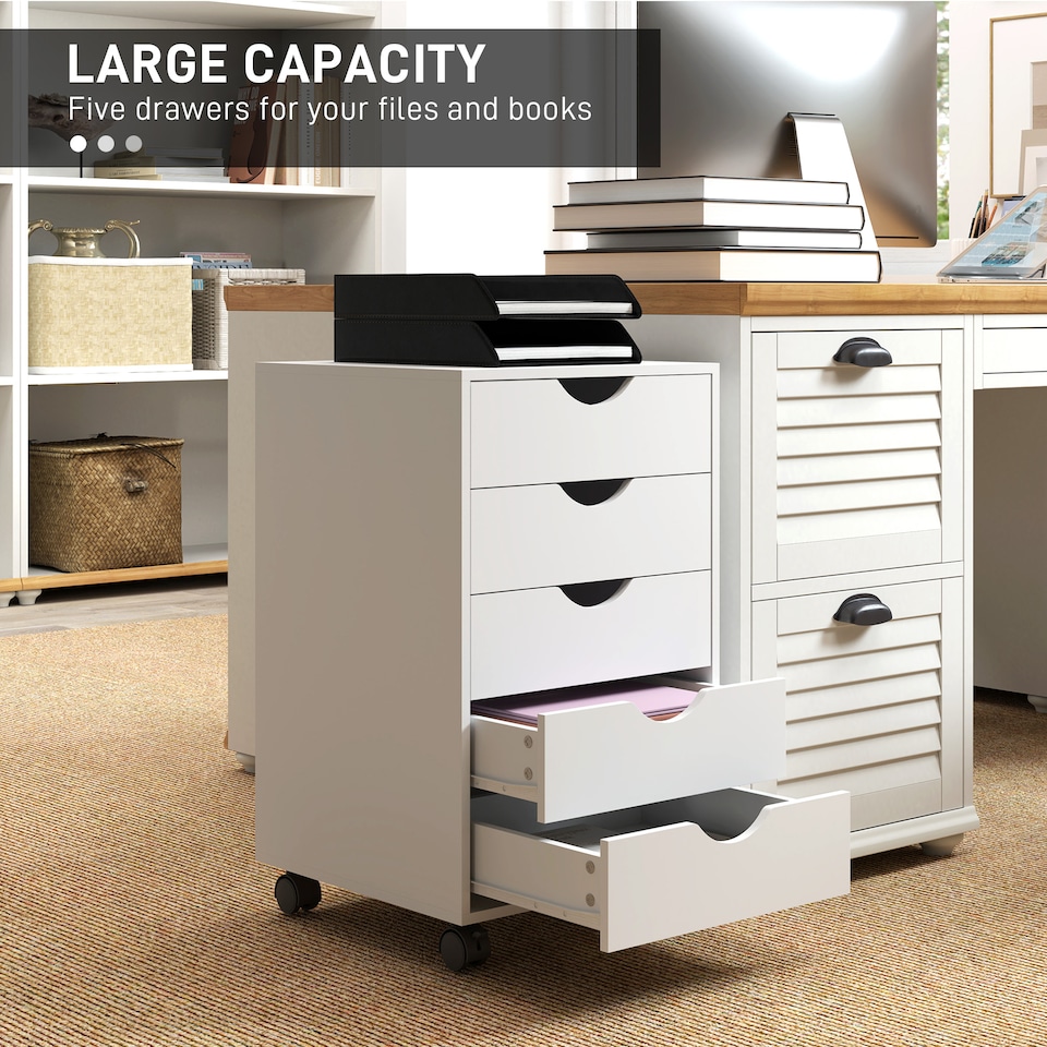 image 1 of HOMCOM Filing Cabinet with 5 Drawers, Under Desk Drawer, White | White | White