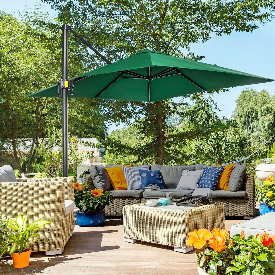 image 1 of Outsunny Square Cantilever Roma Parasol, 360-Degree Rotation, Green