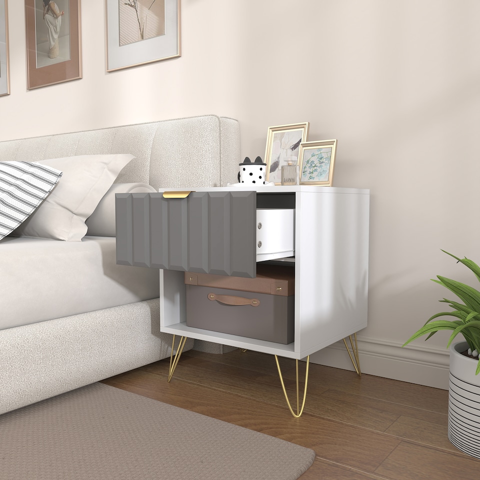 image 1 of HOMCOM Bedside Table with Drawer, Modern Bedside Cabinet with Open Compartment and Handle, Bedside Drawers for Bedroom, Living Room, White