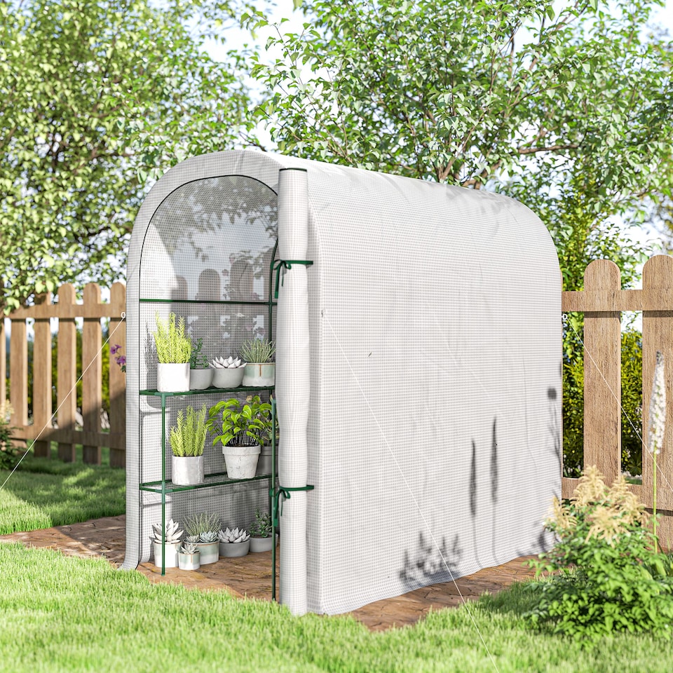 image 1 of Outsunny Walk-in Greenhouse Garden Plant Growhouse with Roll-up Door, White | White | White