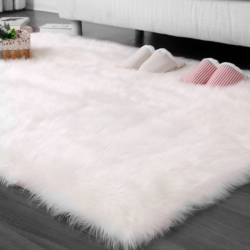 image 1 of Living and Home Retangular Soft Shaggy Area Rug, White, 90cm L x 60cm W | White