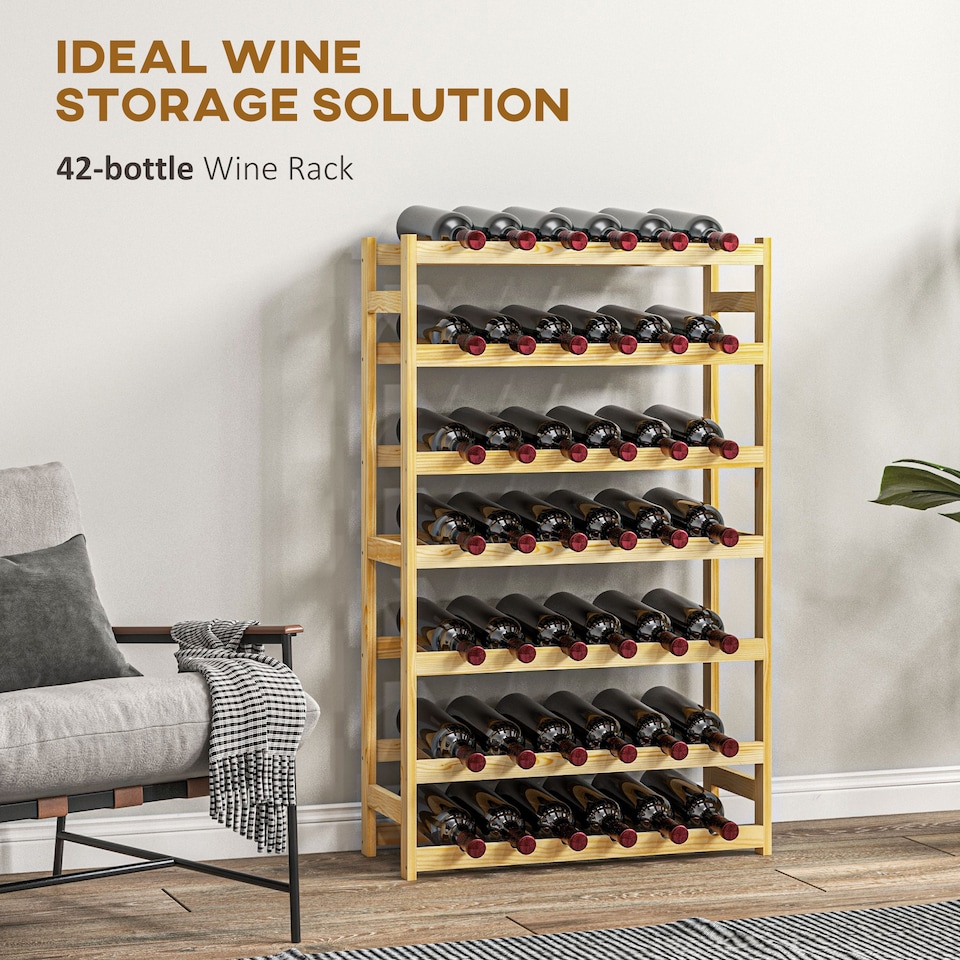 image 1 of HOMCOM Wooden Wine Rack, Free Standing 7-Tier Wine Holder for 42 Bottles, Slim Bottle Rack for Home Bar, 63 x 25 x 102cm, Natural