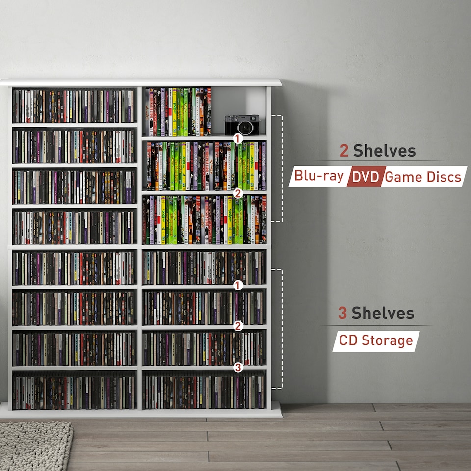 image 1 of HOMCOM 720 CD396 DVD Storage Unit, 396 Blu-ray Media Storage Shelf with 16 Compartments and 12 Adjustable Shelves, CD Tower for Living Room, Bedroom, Office, White | White
