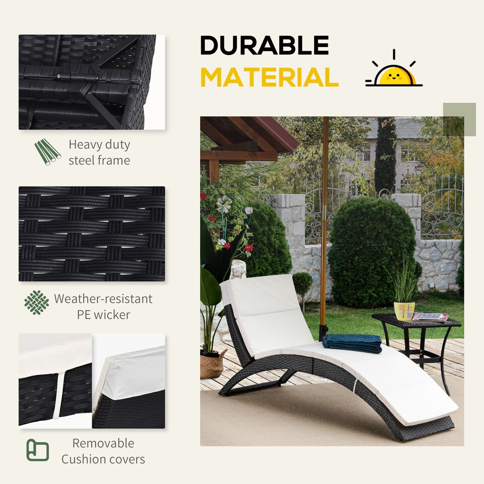 image 1 of Outsunny Outdoor Foldable PE Rattan Sun Lounger with Soft Padded Cushion, Ergonomic Curved Design Sun Bed for Balcony, Garden, Black