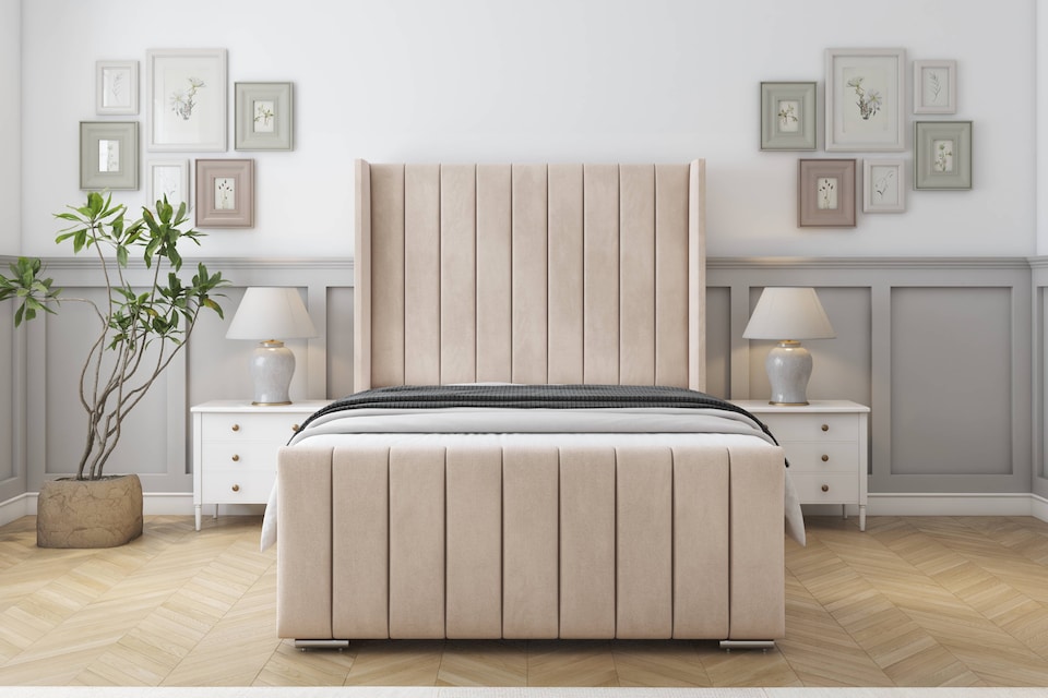image 1 of Sloomy Melbourne Sand Naples Bed Frame With Mattress  With 50" Upholstered Wingback Headboard 2'6 Small Single