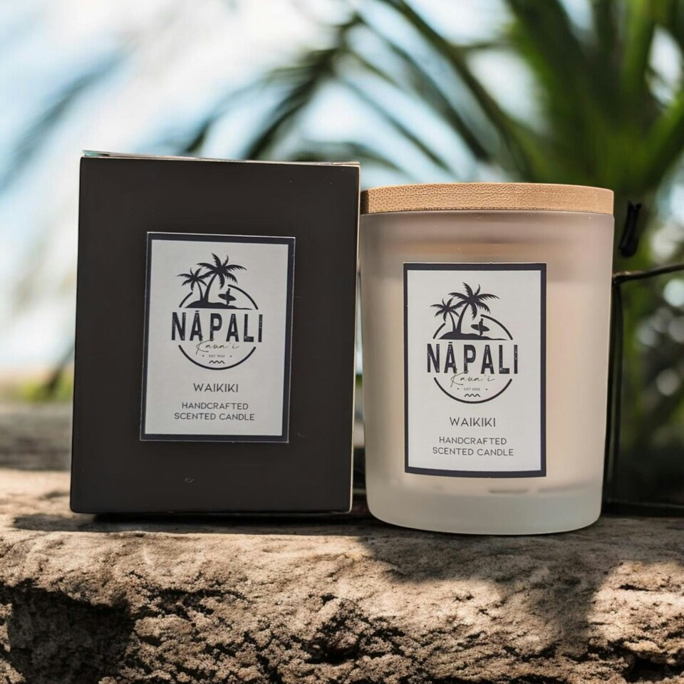 image 1 of NĀ PALI Handcrafted Hawaiian Candle | Crackling Wick | WAIKIKI | Tropical Scent White | One Size