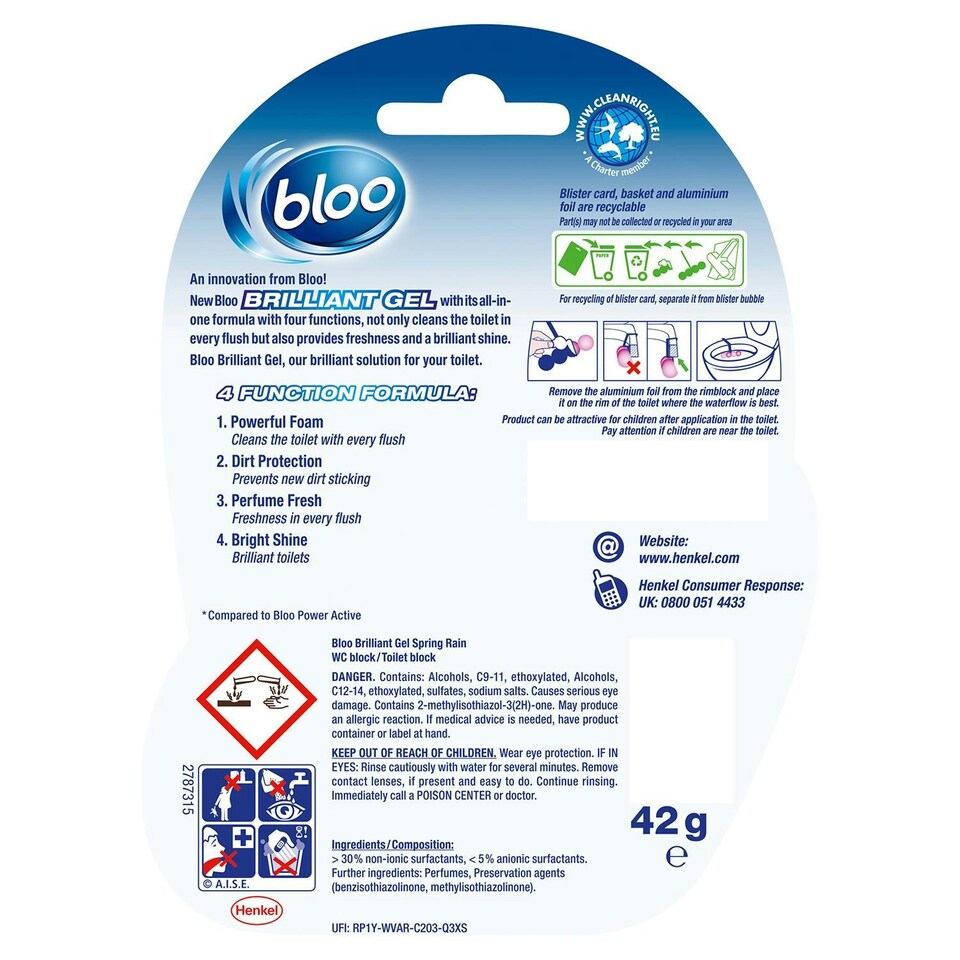 image 1 of Bloo Toilet Rim Blocks Brilliant Gel All in 1 Cleaner Spring Rain Scent, 7x42g