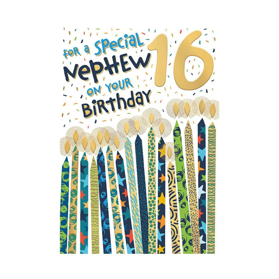 image 1 of Words 'n' Wishes 16th Birthday Card for Nephew, Patterned & Foiled Letters With Candles, Multicoloured, 23.5 x 16.5 cms