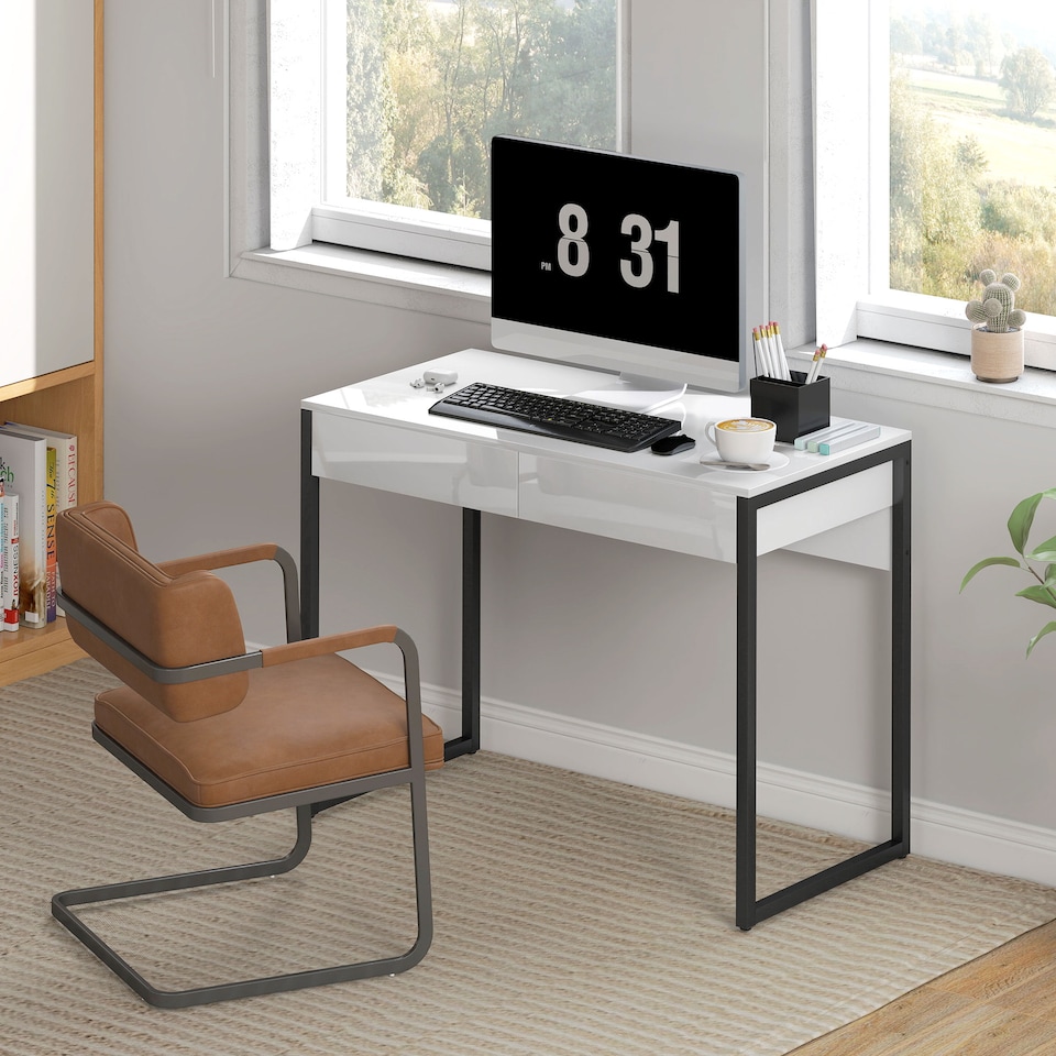 image 1 of HOMCOM High Gloss Computer Desk with 2 Drawers, 100 x 50 cm Home Office Desk for Small Spaces, Modern Study Writing Table with Steel Legs, White and Black