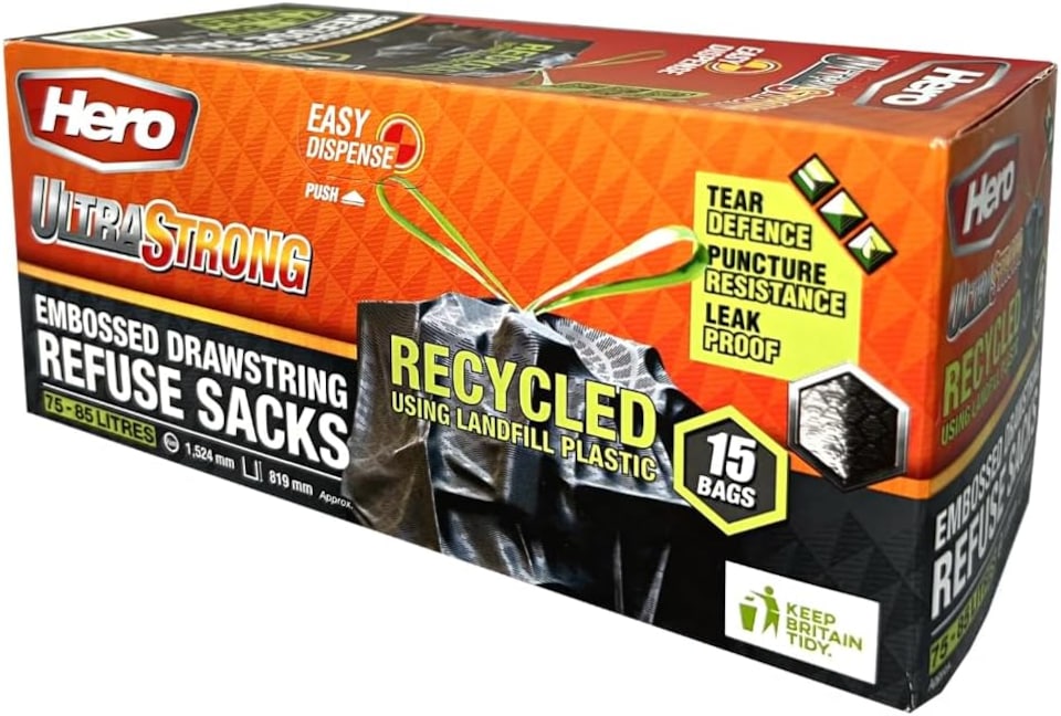 image 1 of Hero Ultra Strong Black Drawstring Bin Bags 75–85L – 15 Extra Thick Tear-Resistant Refuse Sacks | Recycled Plastic Bin Liners for Home, Office & Commercial Use | Black | 30