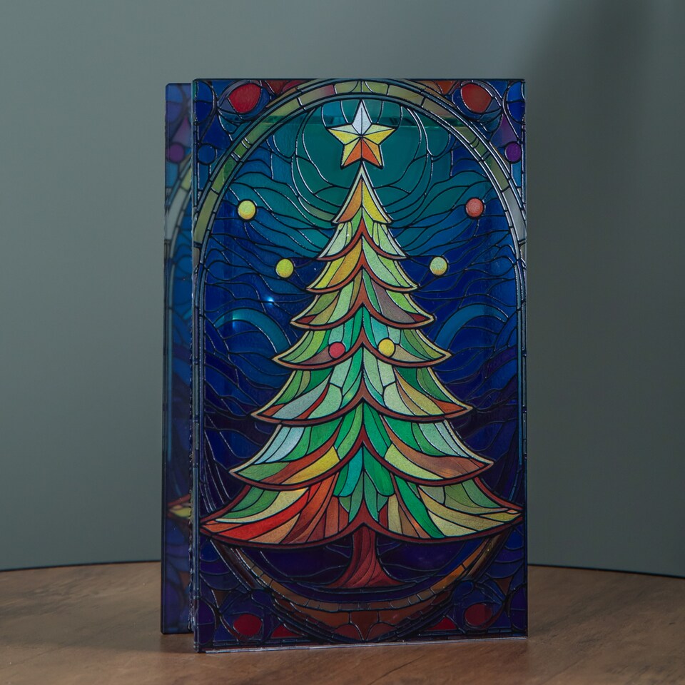 image 1 of 21cm Battery Operated Double Sided Stained Glass Christmas Tree Decoration with LEDs