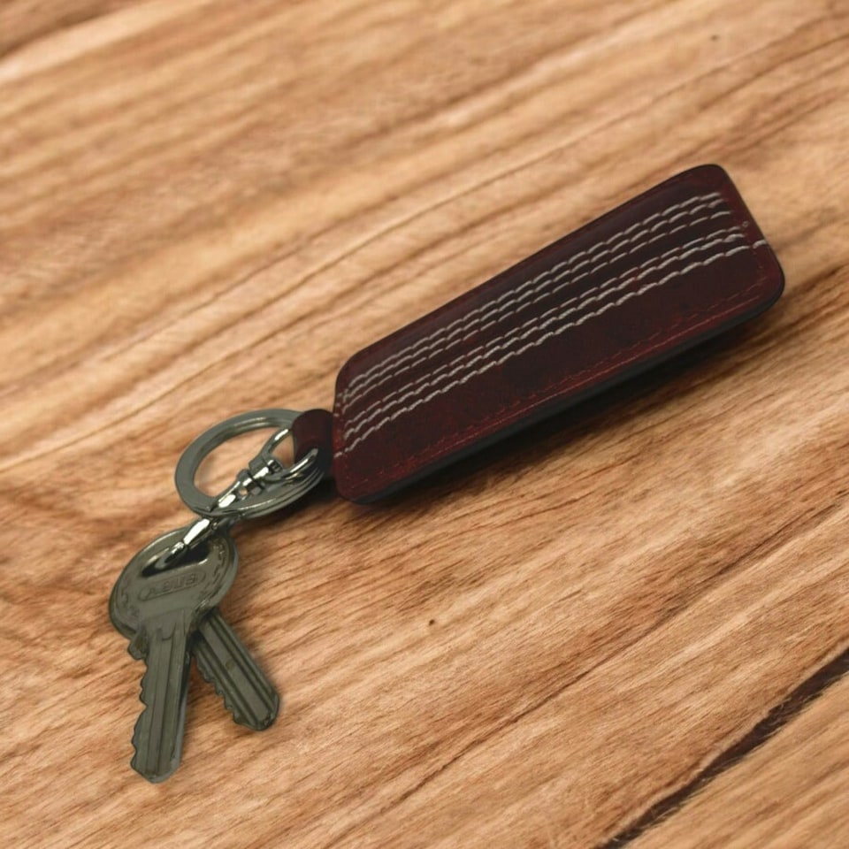 image 1 of CRICKET-GIFTS Buffalo Leather Key Fob | Genuine Cricket Leather | Durable & Elegant Design | Red Leather with White Stitching | Compact Size, Red