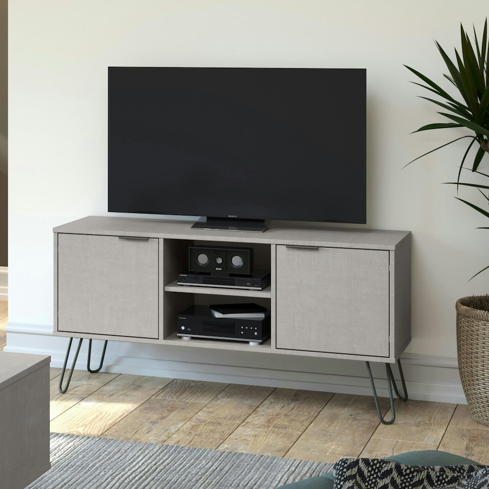 image 1 of Augusta Pine 2-Door Wide TV Unit - Wooden Media Cabinet with Hairpin Legs and Rustic Finish | Grey | Grey | 1