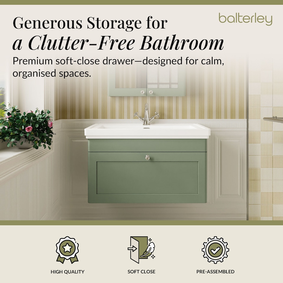 image 1 of Bathroom Wall Hung 1-Drawer Vanity Unit & Fireclay Basin, Green, 800mm | Green | Satin Green | 470 x 830 x 496mm