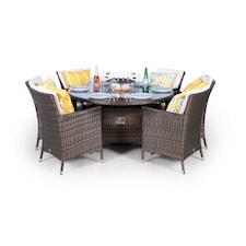 Savannah Fire Pit 6 Seater Round Rattan Dining Set | Brown | Brown