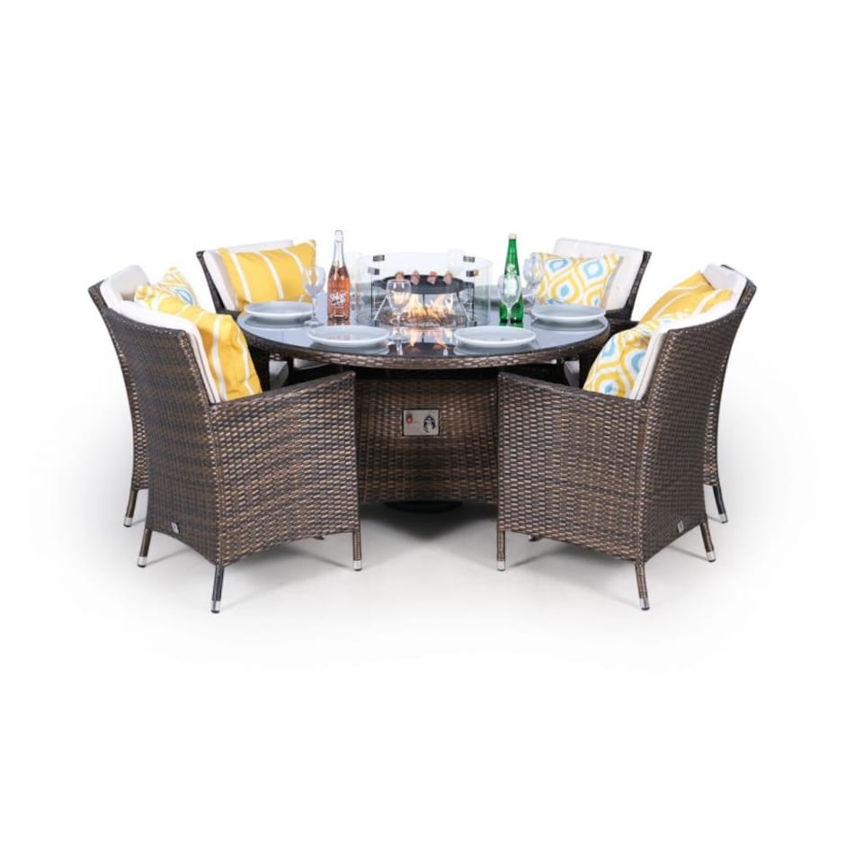 image 1 of Savannah Fire Pit 6 Seater Round Rattan Dining Set | Brown | Brown