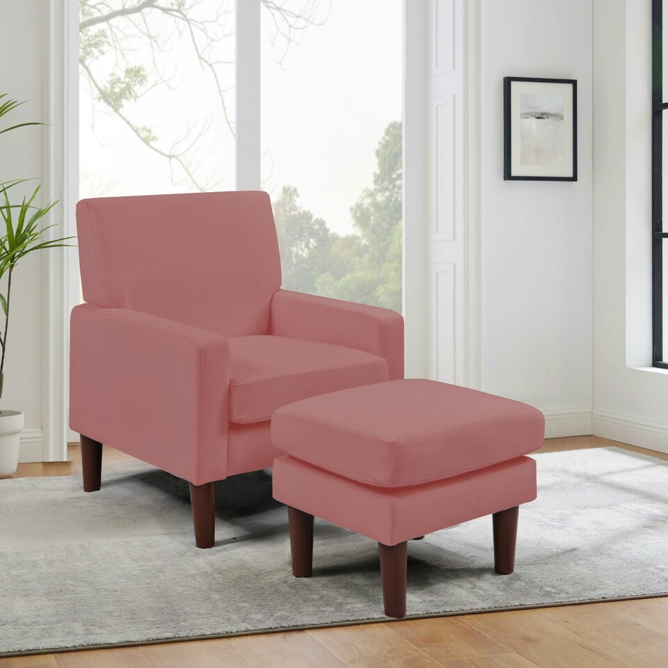 image 1 of Plush Velvet Chair With Footstool In Dark Pink