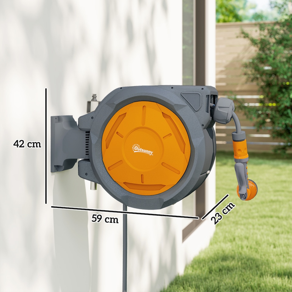 image 1 of Outsunny Retractable Hose Reel Wall Mounted with Lock, Orange | Orange | Grey, Orange