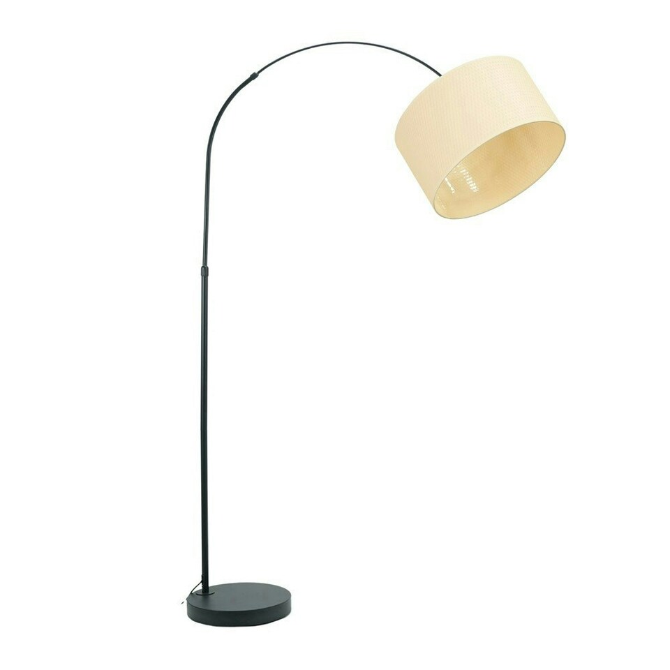 image 1 of ValueLights Louis Black Arched Curved Floor Lamp with Ochre Woven Drum Lamp Shade Cream