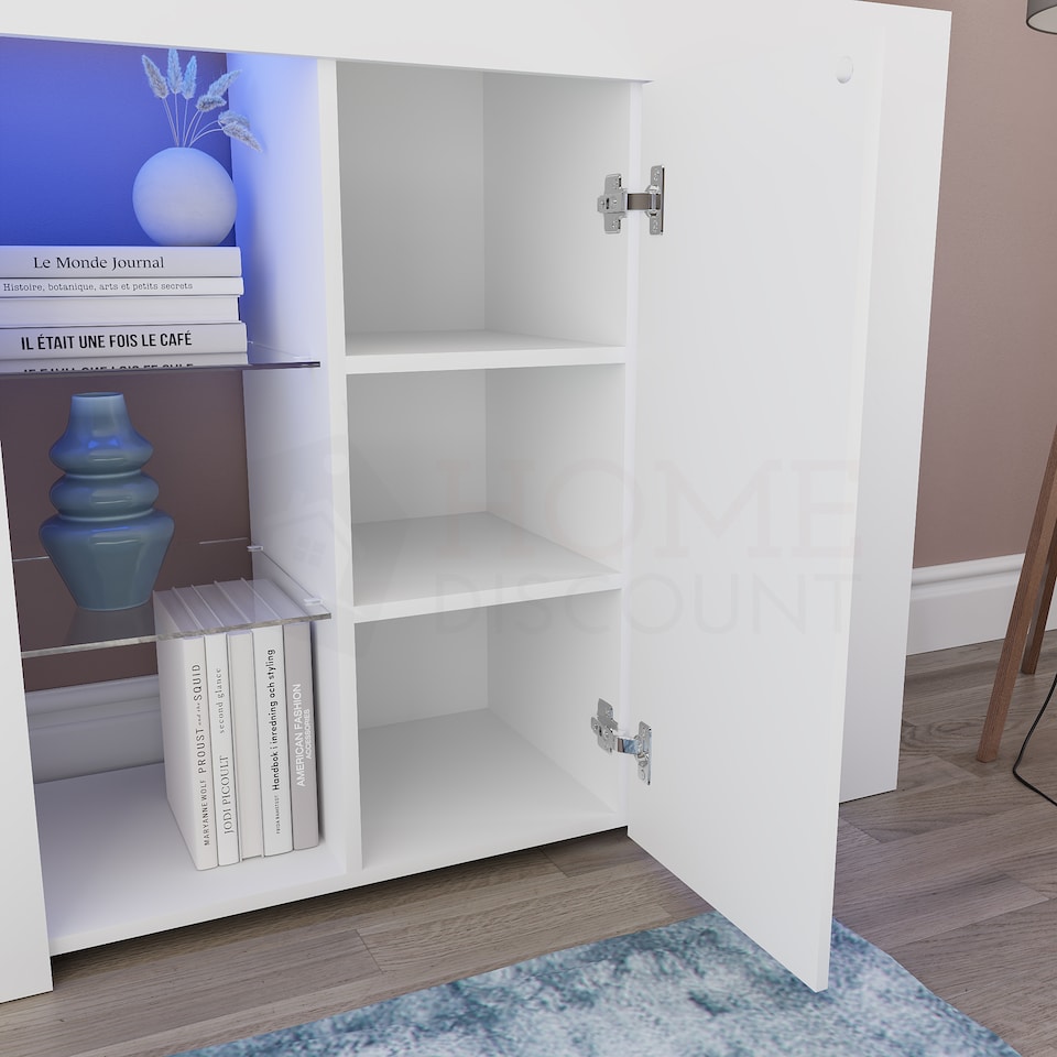 image 1 of Vida Designs Azura 1 Door LED Large Sideboard Buffet Cabinet Storage, White | White | 1