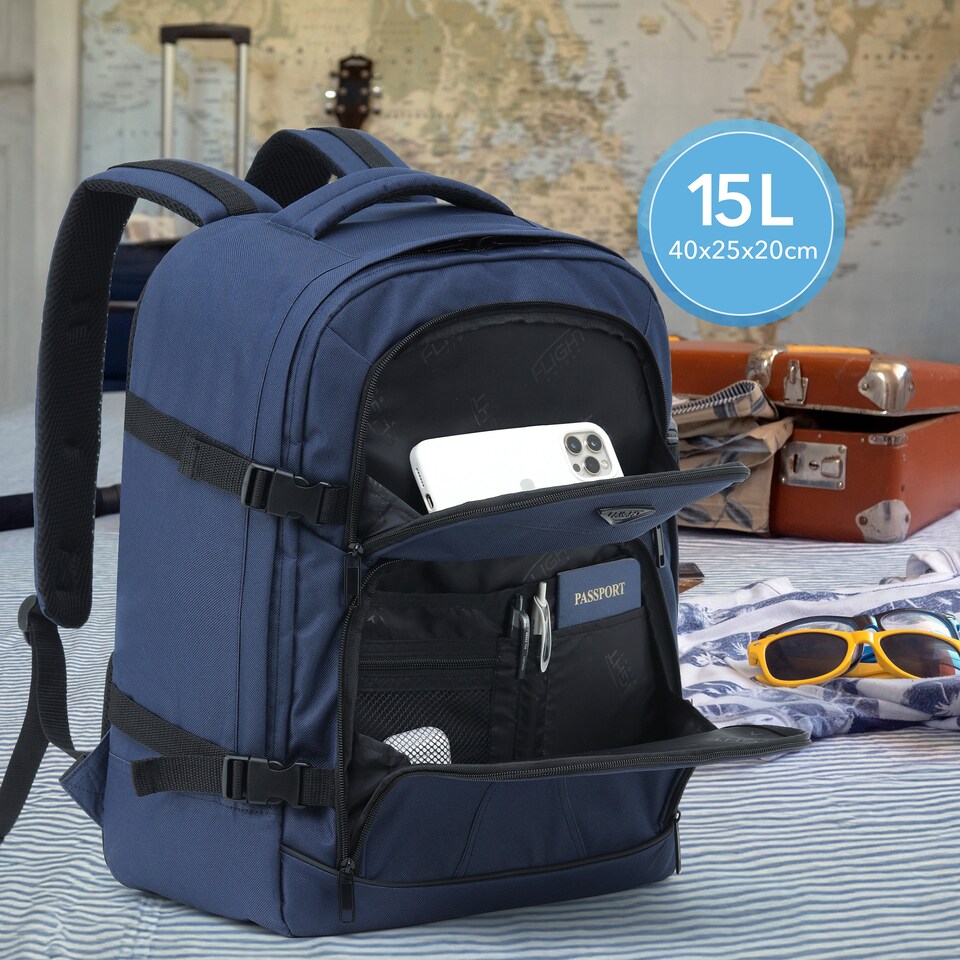 image 1 of Flight Knight Underseat Backpack 40x20x25cm Ryanair Free Carry On for Travelling USB Port Padded Comfortable Backpack - Carry On Luggage | Blue | Navy | 1