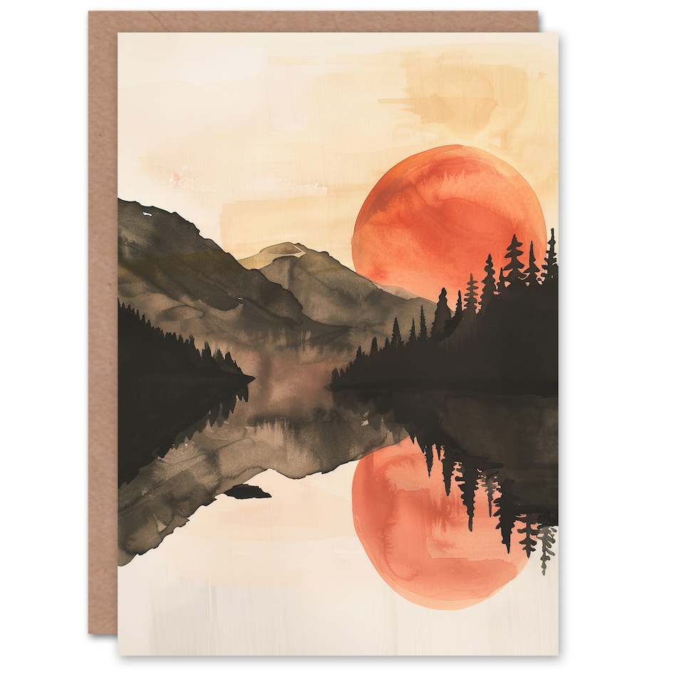 image 1 of Greeting Card Red Sun Setting Behind Lakeside Forest Mountains
