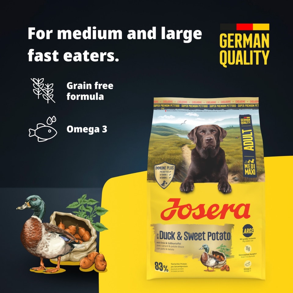 image 1 of Josera Adult Duck & Sweet Potato complete dog food | Grainfree | Medium to Large dogs | Lots of meat | Immune Plus | Omega 3 from Salmon Oil | 12.5kg