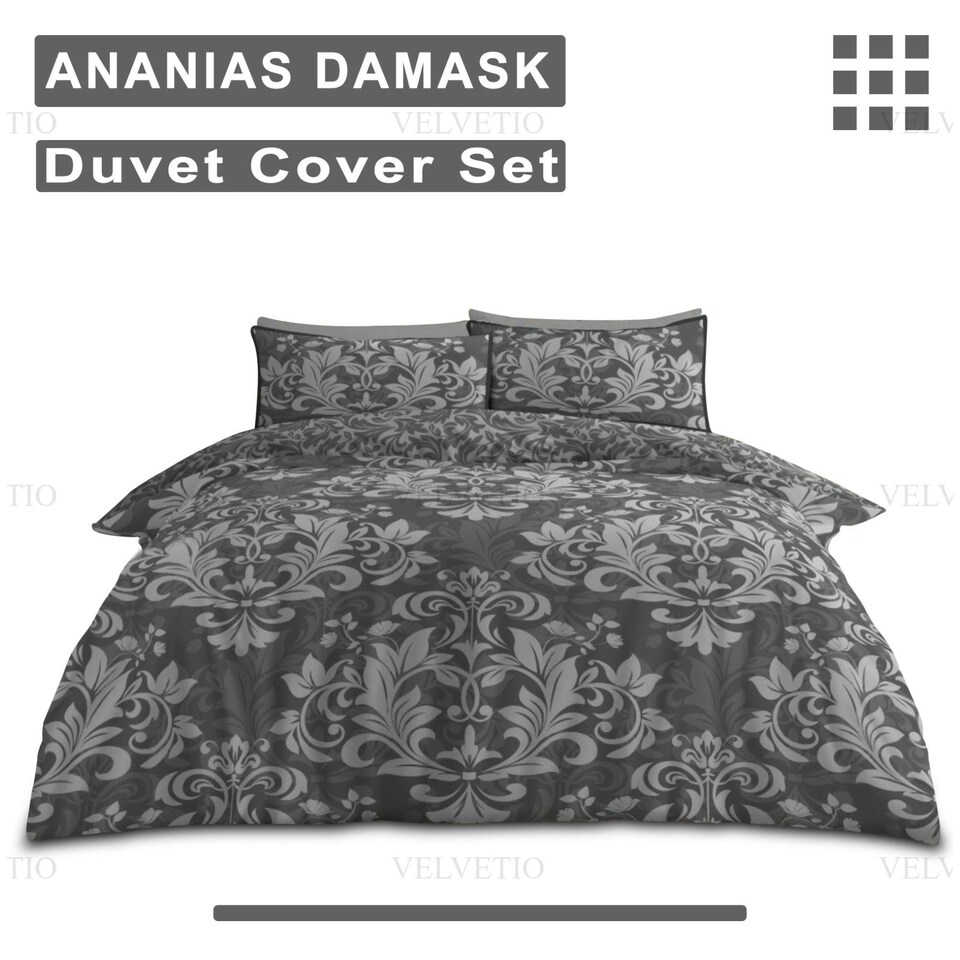 image 1 of VELVETIO Ananias Damask Complete Duvet Cover Set with Fitted Sheet Printed Bedding Quilt Grey | Double