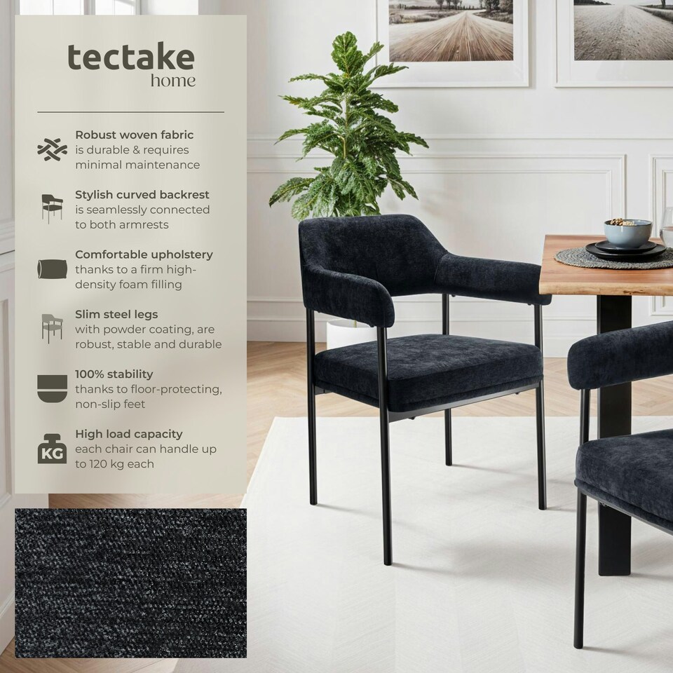 image 1 of Armchair Doe - durable fabric, black powder-coated legs, 120 kg load, 58 x 62 x 85 cm - Set of 6 Black | Woven Fabric Black/Black