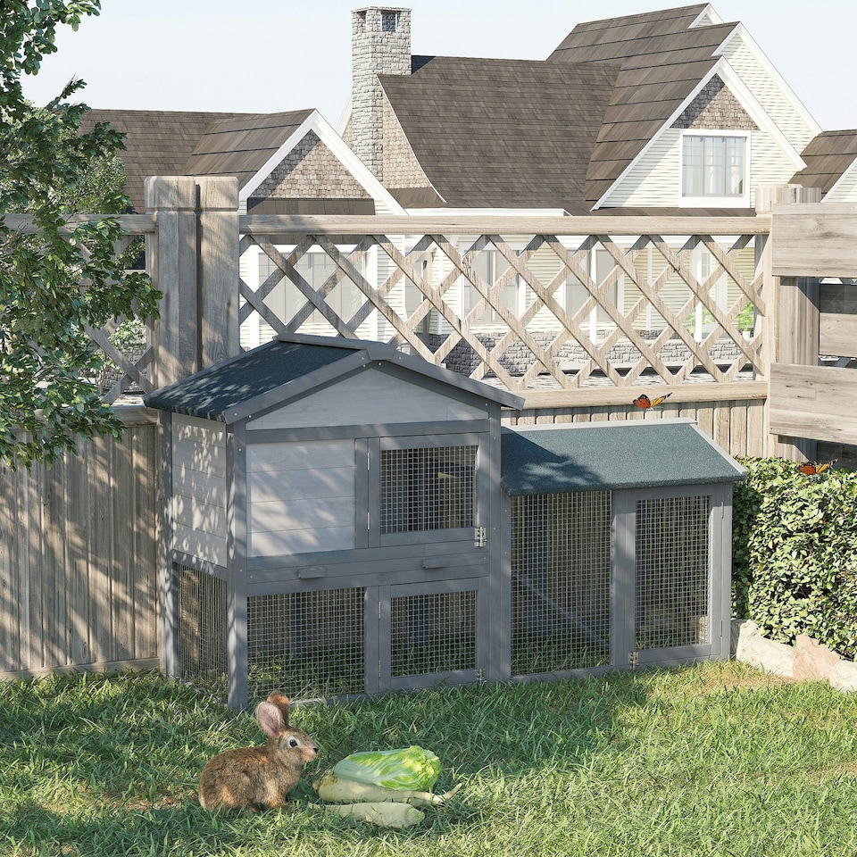 image 1 of PawHut Rabbit Hutch, Guinea Pig Hutch Outdoor Double Tier w/ Ramp, Grey