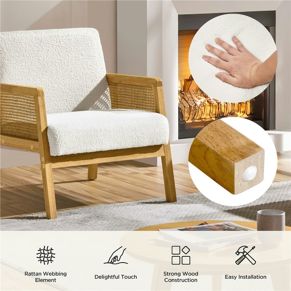 image 1 of Yaheetech Fabric Accent Chair with Rattan Sides Rubberwood Legs | White | Ivory