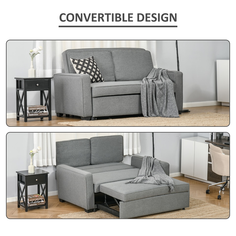 image 1 of HOMCOM 2 Seater Pull Out Sofa Bed, Fabric Click Clack Sofa Bed with Wood Legs, Convertible Sleeper Couch for Living Room, Guest Room, Grey
