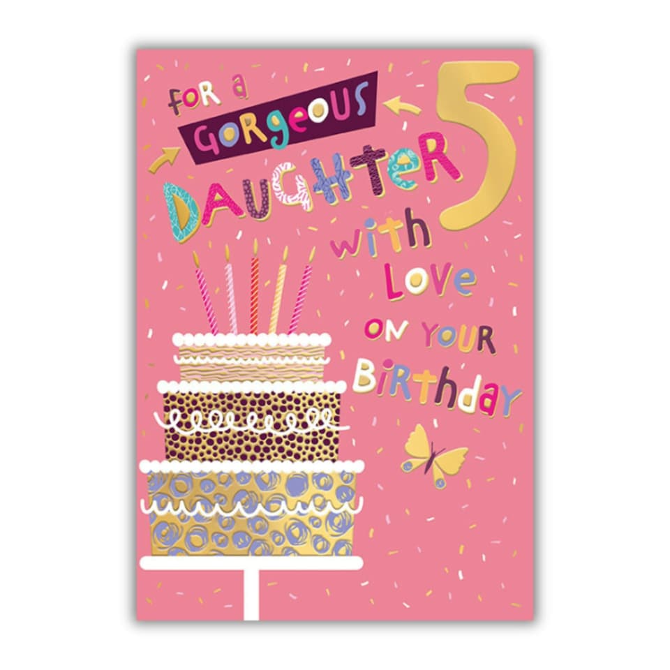 image 1 of Words 'n' Wishes 5th Birthday Card for Daughter, Patterned & Foiled Letters With Birthday Cakes, Multicoloured, 23.5 x 16.5 cms