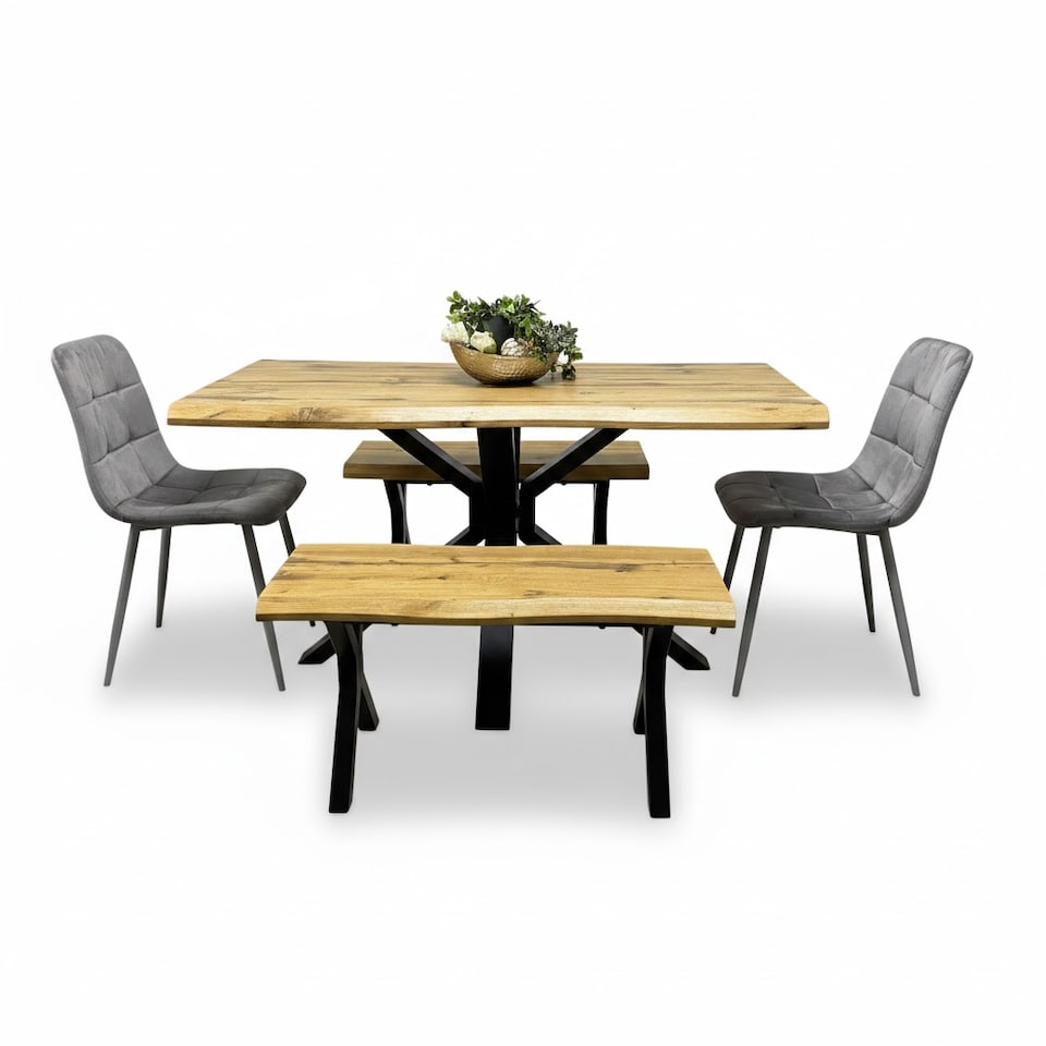 image 1 of Wooden Dining Table with 2 Benches and Grey Velvet Chairs, Stylish Dining Room Furniture