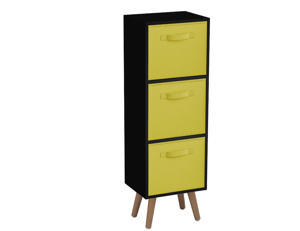 image 1 of Black 3-Tier 3-Drawer Cube Shelving Unit with Scandinavian Legs | Yellow | Yellow & Beech | 1