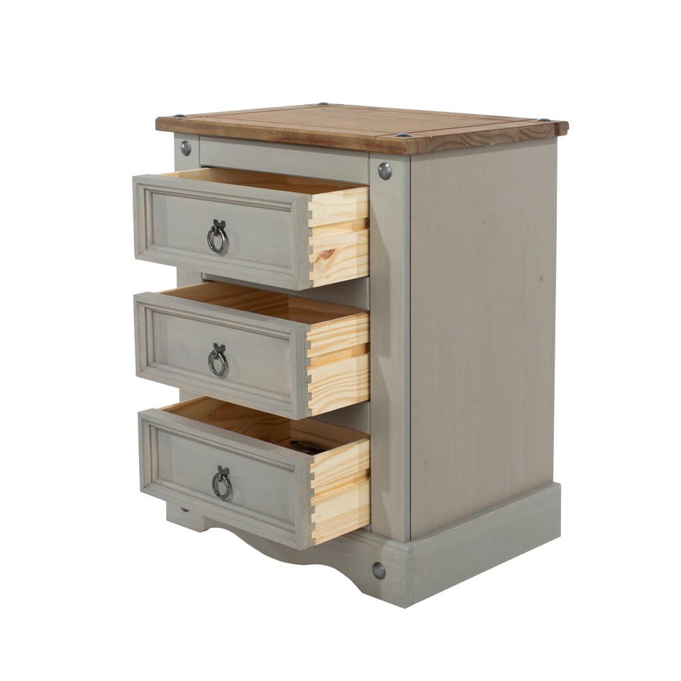 image 1 of Corona 3 Drawer Premium Bedside Table - Solid Pine Nightstand with Metal Hardware | Grey | Grey Wax | One Size | 1
