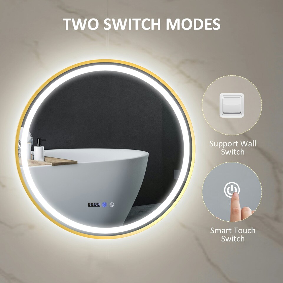 image 1 of HOMCOM Illuminated Bathroom LED Mirror 80cm Round Wall Mounted Mirror Gold