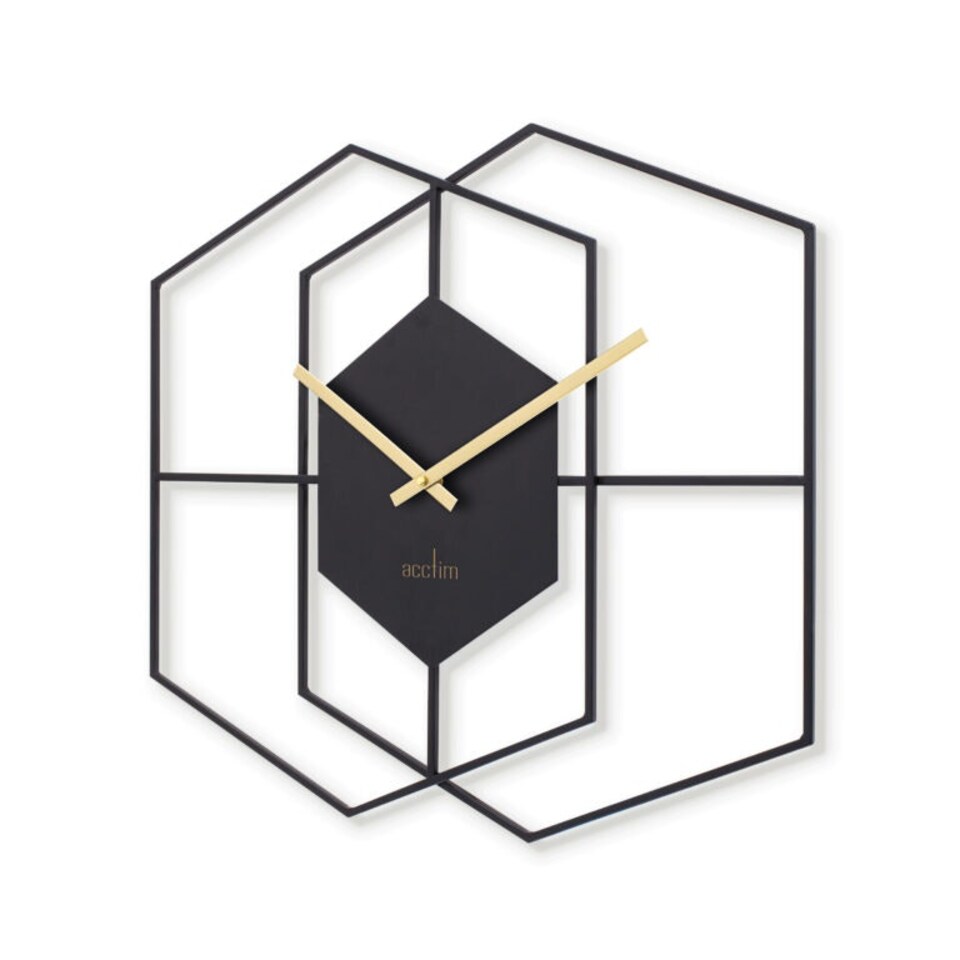 image 1 of Acctim Addison Large Wall Clock Quartz Hexagonal Geometric Painted Metal Matt Black 55cm Gold