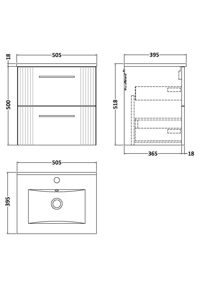 image 1 of Balterley Partial Fluted 2 Drawer Wall Hung Vanity Unit with 1 Tap Hole Minimalist Basin | Grey | Satin Soft Black