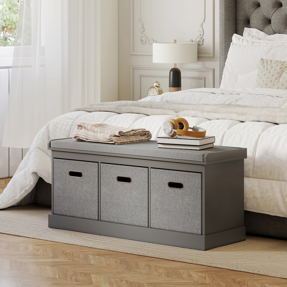image 1 of HOMCOM Shoe Bench with Seat, Shoe Storage Bench with Fabric Drawers, Grey