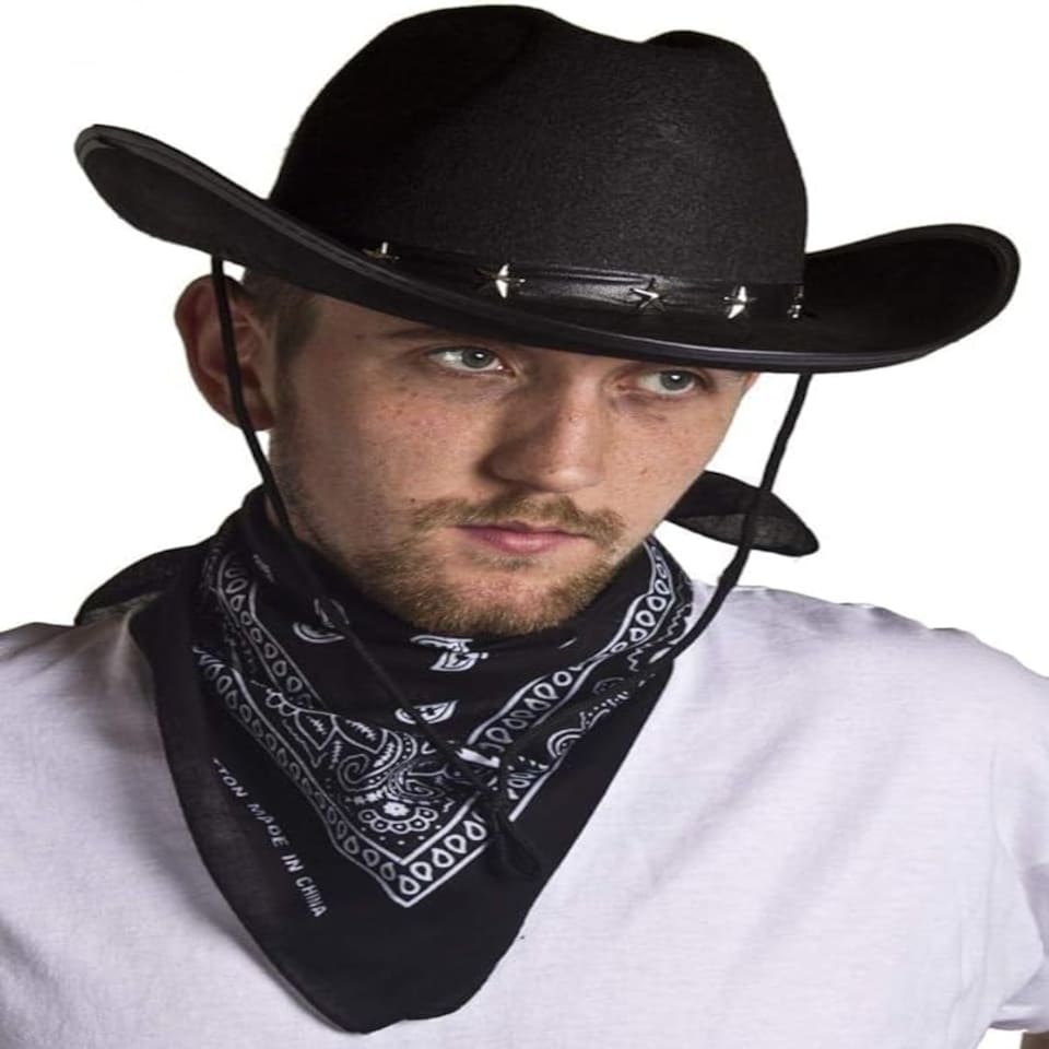 image 1 of Cowboy Fancy Dress Set – Black Studded Hat & Black Paisley Bandana Black | One Size