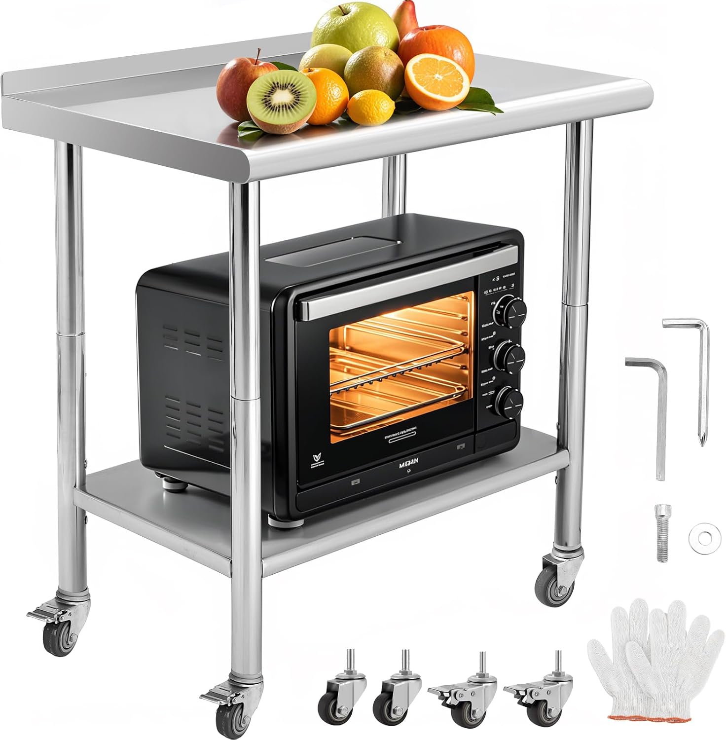 London Boutique Stainless Steel Prep Work Table, Commercial Table with Adjustable Undershelf, Curved Edges, Backsplash and Casters, 30 x 24 x 35 in