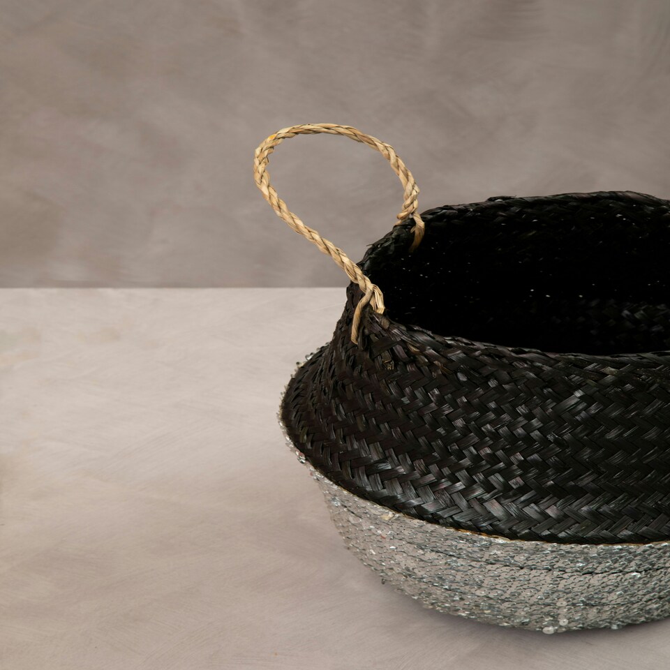 image 1 of Interiors By Premier Black & Silver Seagrass Storage Basket, Decorative Organizer With Handles, Small Seagrass Storage Basket Silver
