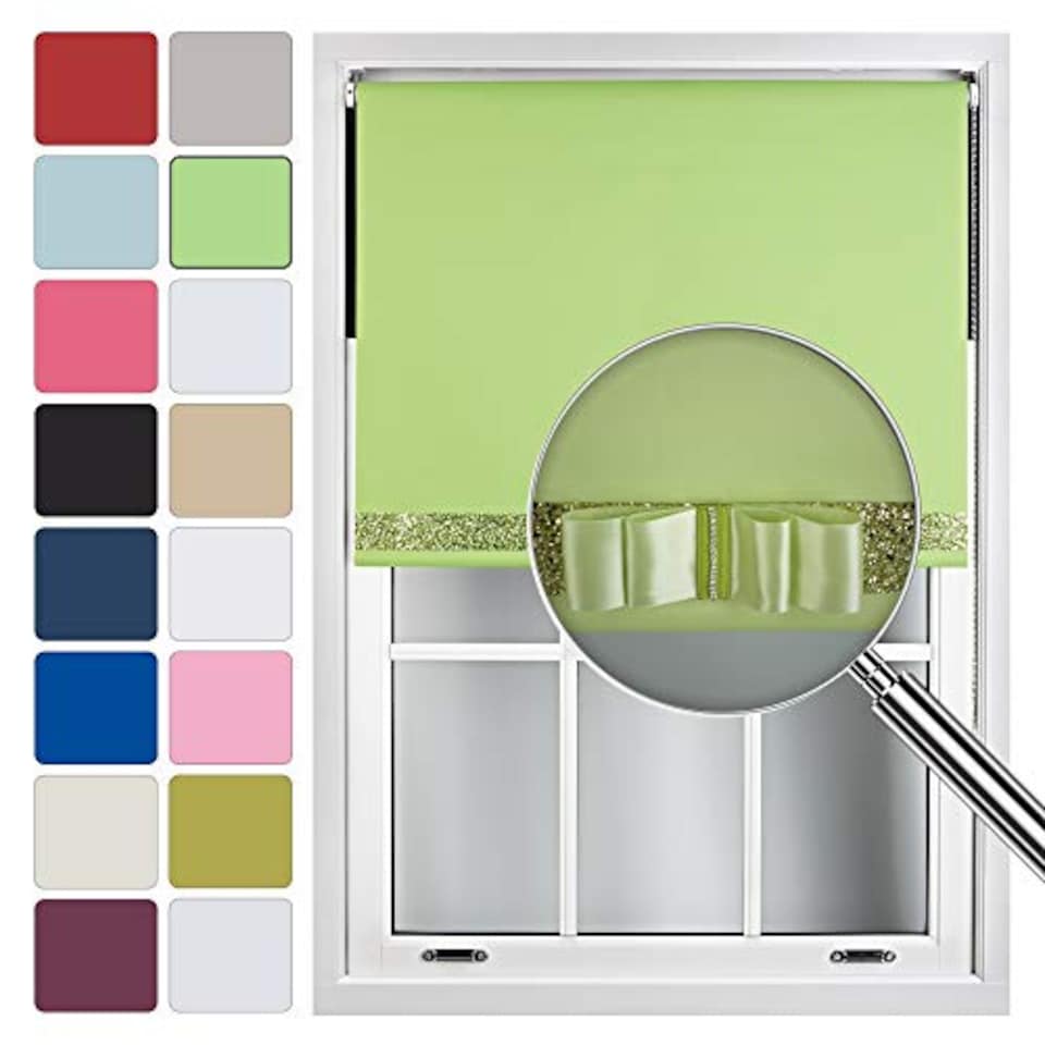 image 1 of FURNISHED Blackout Roller Blind with Gold Glitter Trim and Lime Bow Cut to Size | Green | Lime | (W) 180cm x (L) 165cm