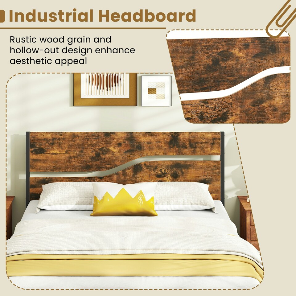 image 1 of COSTWAY Double Metal Bed Frame w/ Wooden Headboard