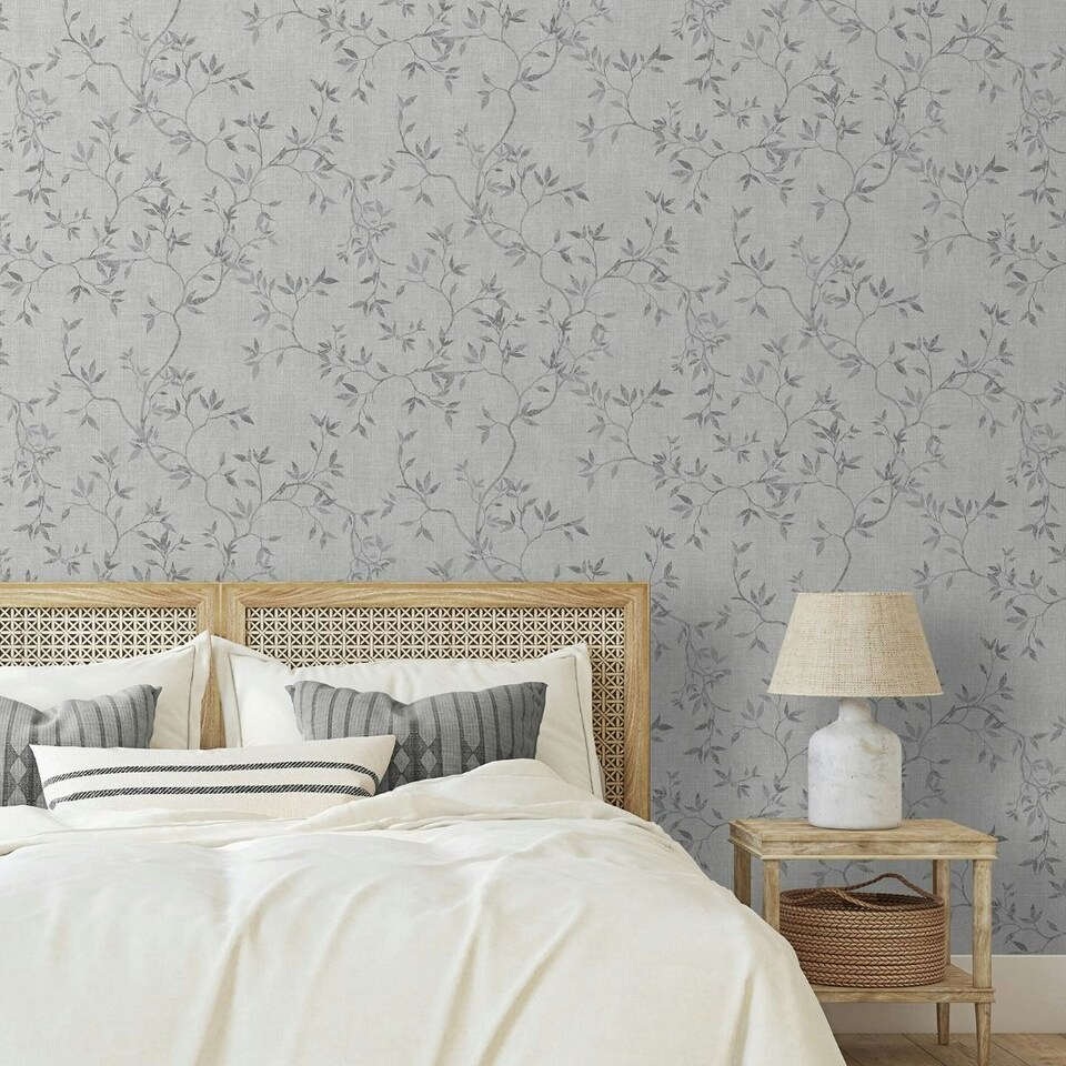 image 1 of Muriva Darcy James Collection Japandi Leaf Textured Wallpaper - Grey - 10m x 0.5m Grey