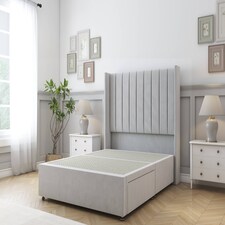 Sloomy Falcon Silver Plush Divan Bed Base 2 Drawers Foot-End With 54 Inch Wingback Headboard | Silver | Silver | Super King | 1